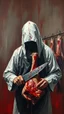 Placeholder: Bosch style painting , A shadow of a spirit inside a bloody butcher wearing a white bloody head cover for butchers , the butcher holding a big knife cutting a meat of hanging cow meat with details on red bloody background of a meat store