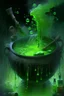 Placeholder: the witch's cauldron, with all the weird ingredients, green liquid with bubbles, dark, fantasy art, oil painting