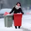 Placeholder: a lifelike picture of a asian women taking the rubbish out in the snow