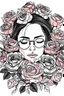 Placeholder: big beautiful bouquet of roses all around her face, her eyes are closed and dreaming peacefully, only her face shows, her face fully covered by the bouquet of roses, use black outline with a white background, clear outline, no shadows, with glasses