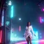 Placeholder: Pretty woman, white and gold dress, blue night, red lights, hoodie, feathers, cyberpunk style, leather, vibrant color, highly detailed, art stations, concept art, smooth, unreal engine 5, god rays, ray tracing, RTX, lumen lighting, ultra detail, volumetric lighting, 3d, finely drawn, high definition, high resolution, neon background.