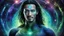 Placeholder: beautiful gorgeous young man na'vi with long hair, Avatar, blue skin, two small ears, green eyes, black hair, in cosmic suit, galactic ambiance, medium pointy goatee , smiling, nebulas and sacred geometry light figures on the backgroud,