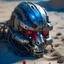 Placeholder: half destroyed robot head lying on sand in daylight, silver face parts, rgb lights rugged face, strings and metal pieces sticking, blue and red eyes bright glow lights, inner machinery look, oil leak, cinematic macro shot,