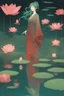 Placeholder: A green-haired woman standing in a pond, with lotus flowers floating on the water, night time, reflection, loose strokes, dynamic lighting, digital art, art by james jean, takato yamamoto, 4k, concept art, illustrative, high contrast
