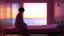 Placeholder: 80s inspired with neon colors, grid patterns, and a futuristic, retro feel, near the sea, in a simple room with a single iron bed, an elderly Asian woman sits on the edge of the bed, observing a spider as the colorful sunset fills the room with light.