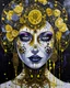 Placeholder: Aquarelle ar yellowt Acrylic pouring white liquid art Beautiful vantablack voudore shamanism decadent geometria watercolour art young faced woman portrait adorned wirh biomechanical bioluminescense vantablack and dark violet and white glitter cover rose headdress and metallic golden filigree floral. Embossed costume armour organic bio spinal ribbed detail. Of rainy gothica background extremely detailed hyperrealistic aquarelle art maximálist concept art