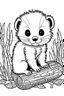 Placeholder: cute coloring page, sketch style, cute baby ferret in the wood, cute cartoon, white and black, withe background, no shadows, outline.