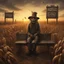 Placeholder: sunset over an entrance to a massive autumnal corn maze, creepy scarecrow busker slumped in bench, old wooden sign reads "CHILDREN ARE FREE", by Anton Semenov, by Godmachine, by Dave McKean, hyperdetailed oil matte painting, surreal horror art, warm autumnal colors.