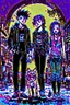 Placeholder: Three teenage street children, two boys and one punk girl, in book-cover poses on the street of a small town plus a black cat as a companion, graphic style, street art style, pop art style, highly detailed