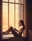 Placeholder: Beautiful, thin young woman, Arab home clothes, wavy hair, sitting on an office chair, reading a novel, next to a window, outside the window is sunset , 8k, finely detailed, photo realistic, cinematic