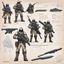Placeholder: ConceptSheet blueprint [illustration by Angus McBride] Bounty Unit Loadout Concept: helmet, armour, and weapons with their blueprint: assault rifle, sniper long rifle, a dangerous knife, pistol, and all the package of a hunter