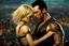 Placeholder: Jason David Frank short dark hair with tribal tattoos hugging pretty blonde shorthaired girl, photo realistic, dark fantasy, cityscape