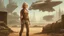 Placeholder: A 60-year-old woman with blond hair, a brown shirt, shorts, and boots, holding an armful of complex equipment, standing in front of a grounded cargo spaceship, with a ruined city in the background.