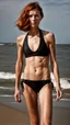 Placeholder: beautiful anorexic woman, full body shot, short shiny black triathlon bikini, wavy bob haircut, photographed on the beach, raw, red hair