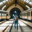 Placeholder: man at the door of a train in a beautiful train station