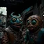 Placeholder: Close-up of ultra realistic stupid monsters in a ruined city after a war, vivid, ultra realistic, mud, Max Ernst, hypermaximalist figures, light, Italian 1970's odd movie, hilarious, fine art, Minicavio Quollati style, photography by Marlost Endgulp, dark atmosphere, obsessive, 4k, sharp focus, 3d, photorealism