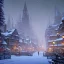 Placeholder: A magical snowy warlock gothic town with river canals with Christmas trees