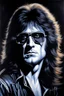 Placeholder: Head and shoulders image - oil painting by Scott Kendall - pitch Black solo record album with emerald glowing in tips of hair - 30-year-old Peter Criss (Drummer) with shoulder length, wavy, straight black and gray hair, with his face made up to look like a cat's face - in the art style of Boris Vallejo, Frank Frazetta, Julie bell, Caravaggio, Rembrandt, Michelangelo, Picasso, Gilbert Stuart, Gerald Brom, Thomas Kinkade, Neal Adams, Jim Lee, Sanjulian, Thomas Kinkade, Jim Lee, Alex Ross,