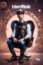 Placeholder: create Disny Pixar photo of a man sitting on a logo chair of a social media logo wearing Steampunk clothes. The background is mockup of hertiktok profile page with a profile name and a profile picture same as character. soft reflection on the ground