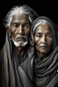 Placeholder: a photo of an Berber man and woman with ethnic jewelry, grey hair and grey flowing robe, in style of Annie Leibovitz, contemporary portrait of a mature yet beautiful and modernist, black and grey, detailed face, swirling fluid smokey enigma, award-winning artwork