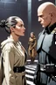 Placeholder: a bold and heroic bald male Corellian pilot in black and grey First Order special forces gear meets a female Jedi Master in ancient, mystical temple, hyperdetailed, dynamic lighting, hyperdetailed background, 8k resolution, volumetric lighting, light skin, fully symmetric details