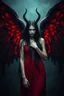 Placeholder: Daughter of Lilith, beautiful, wild woman, stunningly terrifying and powerful personality, black angel with wings in a red dress, long, dark hair with suggestive dark eyes, wonderful, erotic, ancient woman, a demonic woman who controls with her strength, power, sharp focus, high detailed, high realistic, master photo, pale lights, deep night, eerie atmosphere, gothic, dark mystic atmosphere, stunning, masterpeace, cinematic,