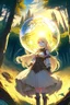 Placeholder: Anime, blonde girl in medieval clothing in large field in the middle of the forest with a globe of light next to her
