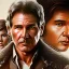 Placeholder: stunning photo realistic detailed head to waist portrait of harrison ford as han solo in star wars with photo realistic short hair, brown eyes, professional painting by drew struzan, trending on artstation, Sharp focus, weathered skin,space jacket from star wars