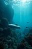 Placeholder: Atalantis the lost city under the ocean water with marine plants and a submarine is sinking underwater and small divers are diving around , cinematic scene with fish and sharks around