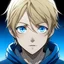 Placeholder: Teenage boy, blonde hair, blue eyes, anime style, front facing, looking in the camera,