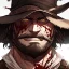 Placeholder: Clear focus, High resolution, max detail, Portrait, bearded, Gunslinger, Cowboy, cowboy hat, serious face, Blood Splatter
