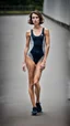 Placeholder: beautiful anorexic woman, total shot, short silver triathlon swimsuit, short brunette wavy bob hair, blurred concrete background