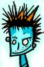 Placeholder: 2d drawing of a stickman, cool with punk hair, x eyes like hangman, close-up, side view bended looking into the camera, smiling,in colour