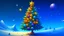 Placeholder: fantasy cartoon illustration: a golden star on top of the tall Christmas tree, decorated wit blue, red and purple Christmass balls, in the snow