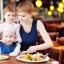 Placeholder: Realistic photo Russian shorthair beautiful 20-years tomboy boyish boylike young wife wide hips in restaurant with little daughter