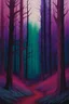 Placeholder: forest in dark red and purple trees and dark green and dark blue colors only, thin lines draw style , Busch painting style nightmare