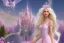 Placeholder: castle in background, beautiful, soft, big smiling, straight and long blonde hair, dewy and shiny atmosphere, diamond crown, long fairy wings in the back, full head, pink veil clothes