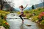 Placeholder: country side over high heels in spring wind slowly moves color full flowers,clean water fall and narrow river with waves and pretty rocks in floor ,some trees and houses ,and mountains at distant,a very beautiful Turkish lady wearing tight pants and blouse salsa dancing , full body shot