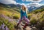 Placeholder: country side ,blue sky , mountains, pretty clouds ,small rocky river with clear water small rocks in floor,wild flowers,beautiful 18 year old girl with ash blonde hair and blue eyes with her curvy hair down, wearing a long-sleeved woollen top, and lilac long leggings, with long red boots full body standing pose shot