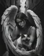Placeholder: Prompt: An closeup portrait of a ultra-realistic black-and-white cinematic photograph with dramatic chiaroscuro lighting and a soft depth-of-field, inspired by fine art street photography. A guardian-like angelic woman with large, detailed wings crouches protectively in a narrow cobblestone alley, gently holding a sleeping Oriental Shorthair Siamese chocolate point cat in a clearly protective and caring posture, conveying safety, warmth, and compassion. The alley is enclosed by tall urban buildi