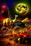 Placeholder: A weird abstract image of an oasis, a camel, astronot, broken bicycle, bush of yellow roses, clear skies with red moon, army tanker, weird, chaos80, surrealism