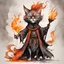 Placeholder: create an abstract ink wash and watercolor full body caricature of an aged, malevolent, ornately dressed , 14th century sorceress cat wreathed in fire ,highly detailed with refined feline features in the cartoon caricature style of Gerald Scarfe and Ralph Steadman precisely drawn, boldly inked, vividly colored, 4k