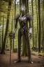 Placeholder: A humanoid being made entirely of sharpened metal blades and spikes stands before a mechanical tree. Photograph.