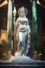 Placeholder: highly detailed marble and jade statue on a plint of the roman goddess of the sun. beautiful face. full body shot, volumetric fog, Hyperrealism, breathtaking, ultra realistic, unreal engine, ultra detailed, cyber background, Hyperrealism, cinematic lighting, highly detailed, breathtaking, stunning temple environment