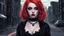 Placeholder: horror-themed, Dark shot, city street, pastel goth, sexy goth girl, photo of cute 24 years old redhead woman, eerie, unsettling, dark, spooky, suspenseful, grim, highly detailed, graphic illustration, comic art, graphic novel art, vibrant, highly detailed