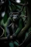 Placeholder: Dark green monkey sitting in a tree with finnes, Sharp teeths, long tail, night vision and big ears