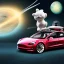 Placeholder: A Tesla Model 3 flying in outer space with 3 stuffed animals in the driver’s seat