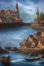 Placeholder: medieval fishing town, rocks, long piers, fishing boats, shops, blue sky