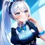 Placeholder: Clear focus, 8k, high quality, detailed, beautiful lighting, vibrant colors, white long hair, vibrant blue eyes, girl, maid, nervous, ponytail,