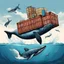 Placeholder: A whale carrying shipping containers on its back , swimming in the ocean. Digital Art, Digital Drawing